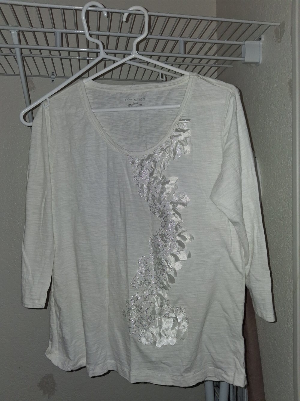 Covington White Long-Sleeve Scoop Neck Top with Silver Sequin Trim